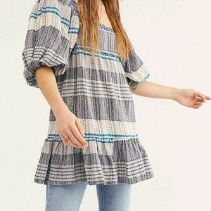 Free People Cozy Striped Boho Mini Dress Indigo Combo size L